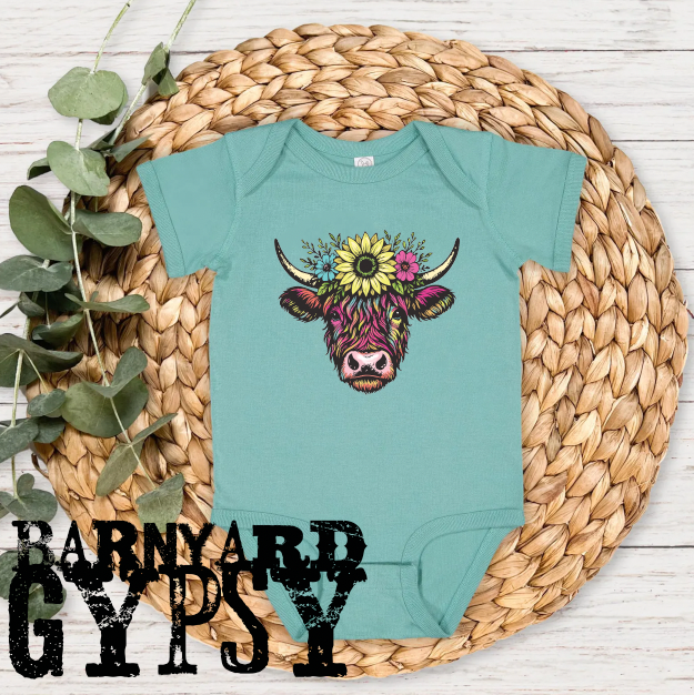 Colorful Flower Crown Cow - Onesie or Toddler Tee